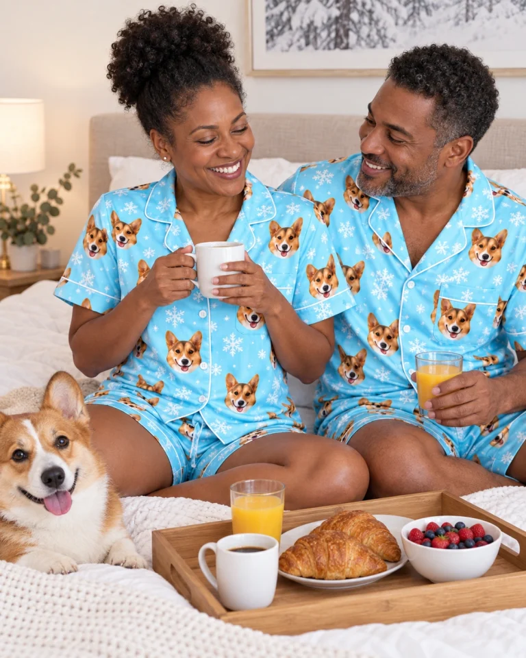 Woman and her partner in matching bridal pajamas with tan-and-white corgi faces on light blue snowflake satin — MyDogPics