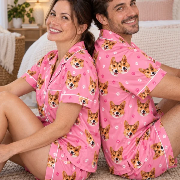 Woman and her partner in matching bridal pajamas with tan-and-white corgi faces on pink paw-print satin — MyDogPics