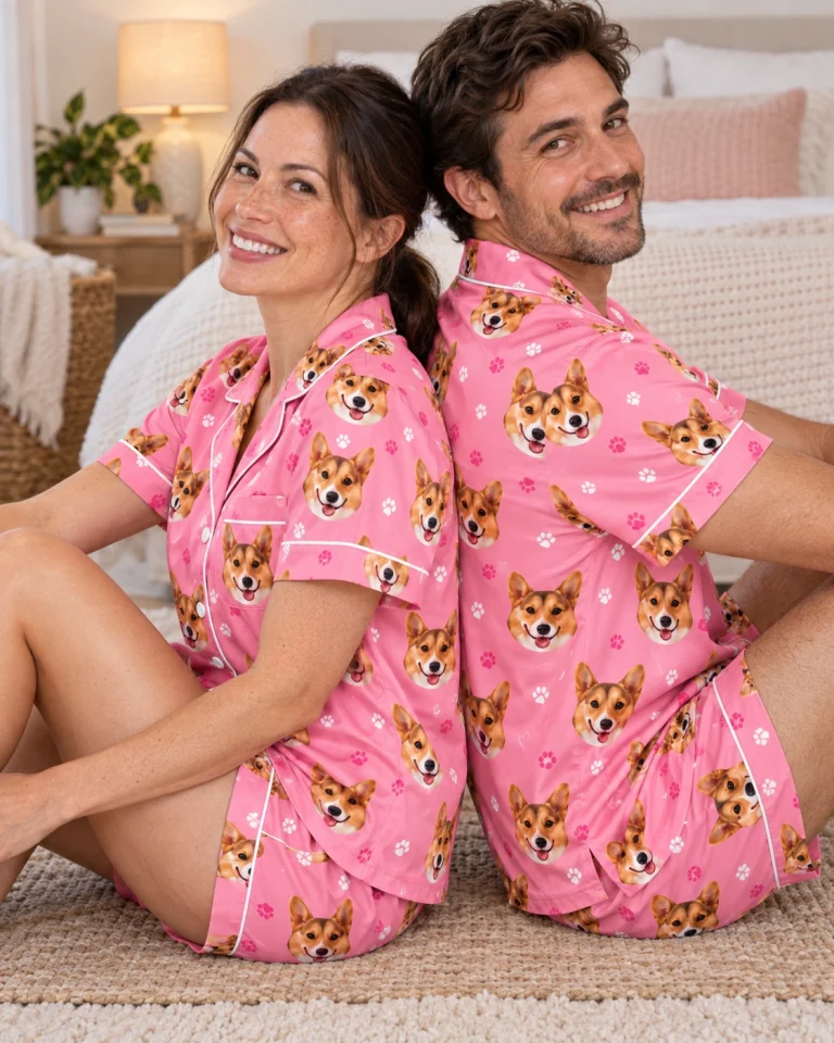 Woman and her partner in matching bridal pajamas with tan-and-white corgi faces on pink paw-print satin — MyDogPics