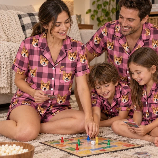 Woman and family in matching bridal pajamas with tan-and-white corgi faces on pink plaid satin — MyDogPics