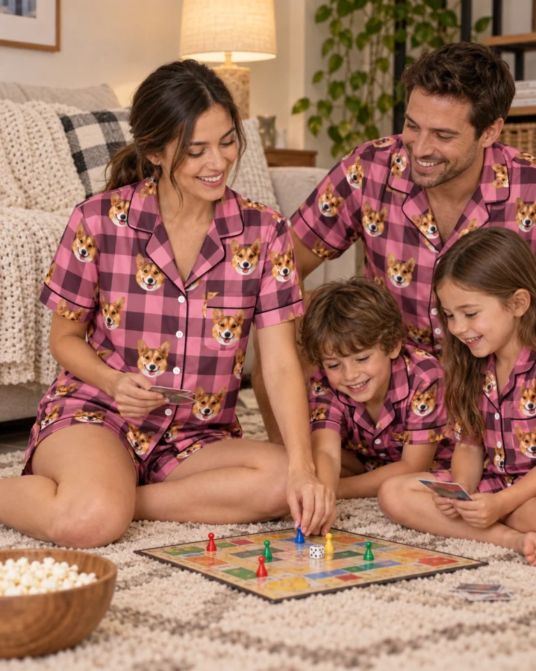 Woman and family in matching bridal pajamas with tan-and-white corgi faces on pink plaid satin — MyDogPics