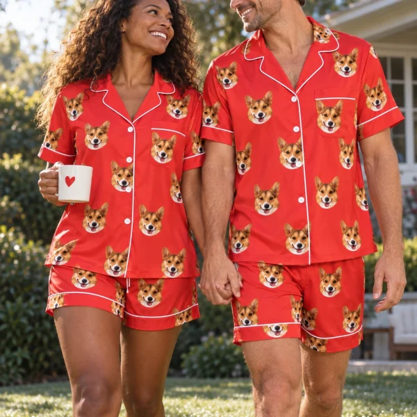 Woman and her partner in matching bridal pajamas with tan-and-white corgi faces on red satin — MyDogPics