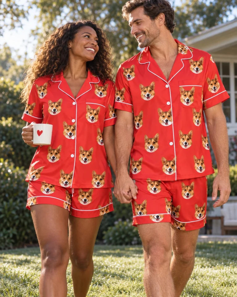 Woman and her partner in matching bridal pajamas with tan-and-white corgi faces on red satin — MyDogPics
