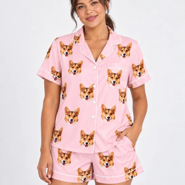Woman wearing bridal pajamas covered in tan-and-white corgi faces on blush pink satin — MyDogPics