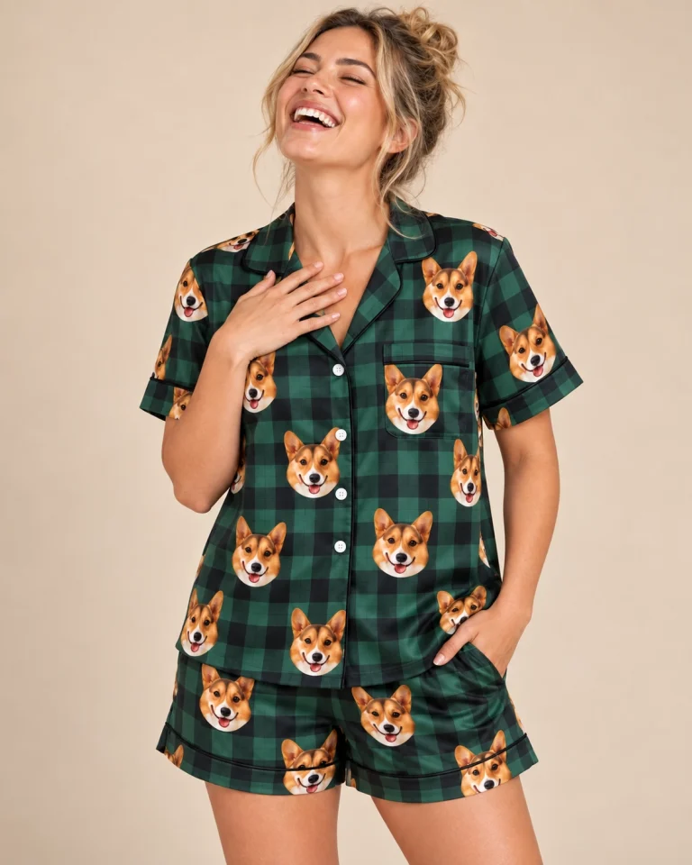 Woman wearing bridal pajamas covered in tan-and-white corgi faces on green plaid satin — MyDogPics