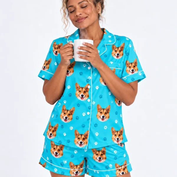Woman wearing bridal pajamas covered in tan-and-white corgi faces on teal paw-print satin — MyDogPics