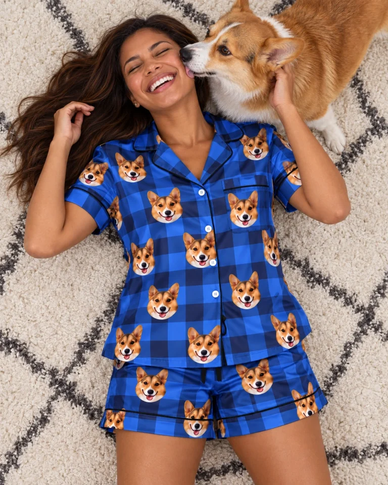 Woman in bridal pajamas with her corgi — MyDogPics