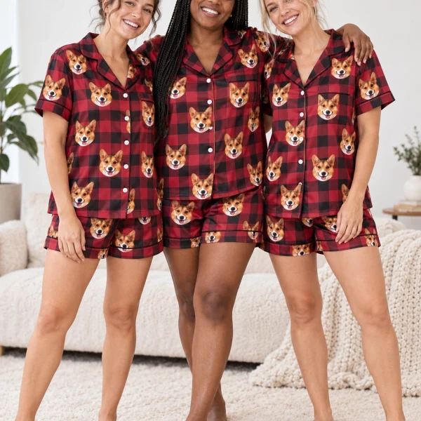 Woman and friends in matching bridal party pajamas with tan-and-white corgi faces on red plaid satin — MyDogPics