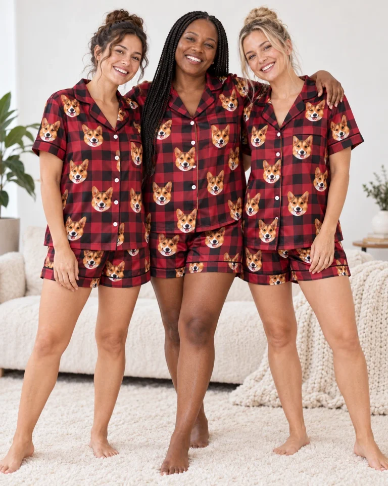 Woman and friends in matching bridal party pajamas with tan-and-white corgi faces on red plaid satin — MyDogPics