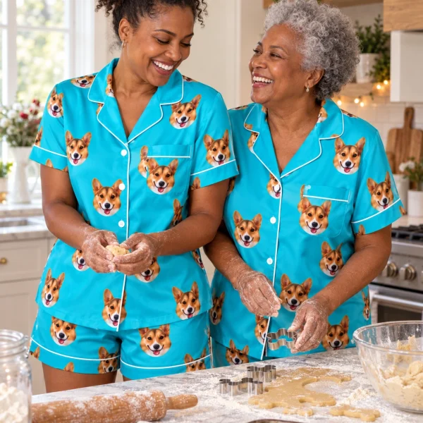 Woman and an older woman in matching bridal party pajamas with tan-and-white corgi faces on teal satin — MyDogPics