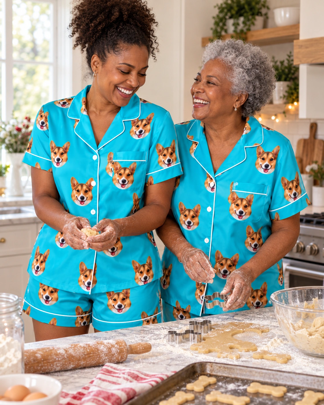 Bridal Party Pajamas – Family, Teal | MyDogPics Woman and an older woman in matching bridal party pajamas with tan-and-white corgi faces on teal satin — MyDogPics