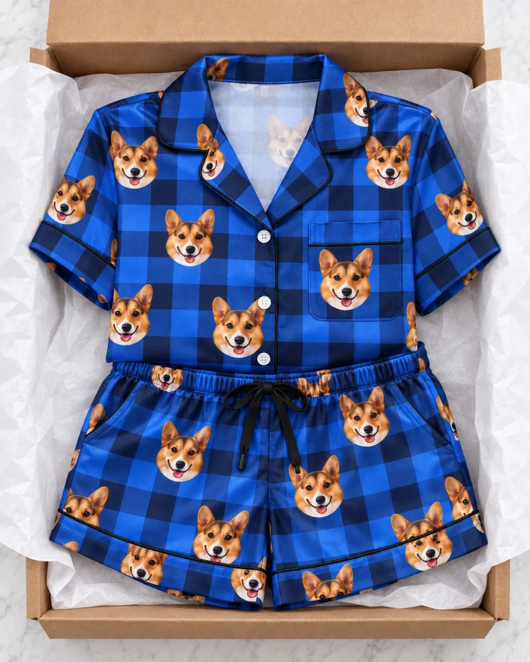 Flat lay of bridal party pajamas: shirt and shorts covered in tan-and-white corgi faces — MyDogPics