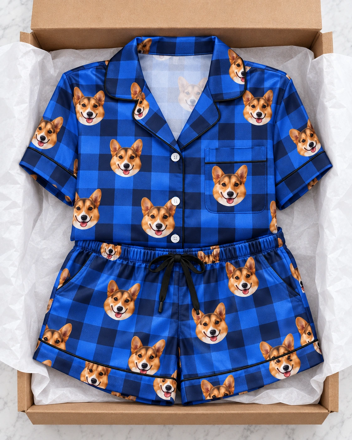 Bridal Party Pajamas – Flat Lay, Blue Plaid | MyDogPics Flat lay of bridal party pajamas: shirt and shorts covered in tan-and-white corgi faces — MyDogPics