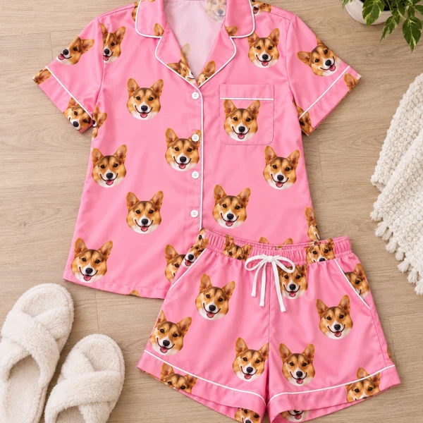 Flat lay of bridal party pajamas: shirt and shorts covered in tan-and-white corgi faces — MyDogPics