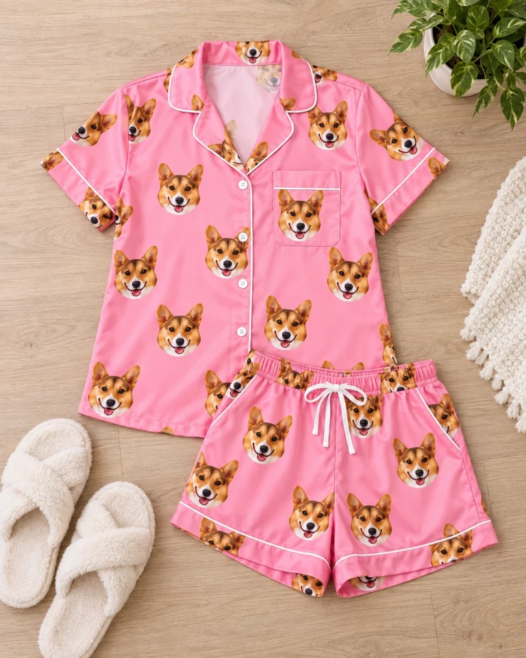Flat lay of bridal party pajamas: shirt and shorts covered in tan-and-white corgi faces — MyDogPics
