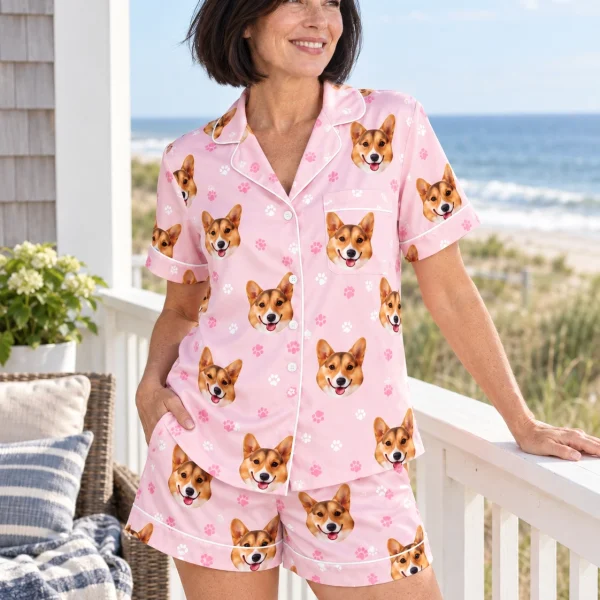 Woman wearing bridal party pajamas covered in tan-and-white corgi faces on blush pink paw-print satin — MyDogPics