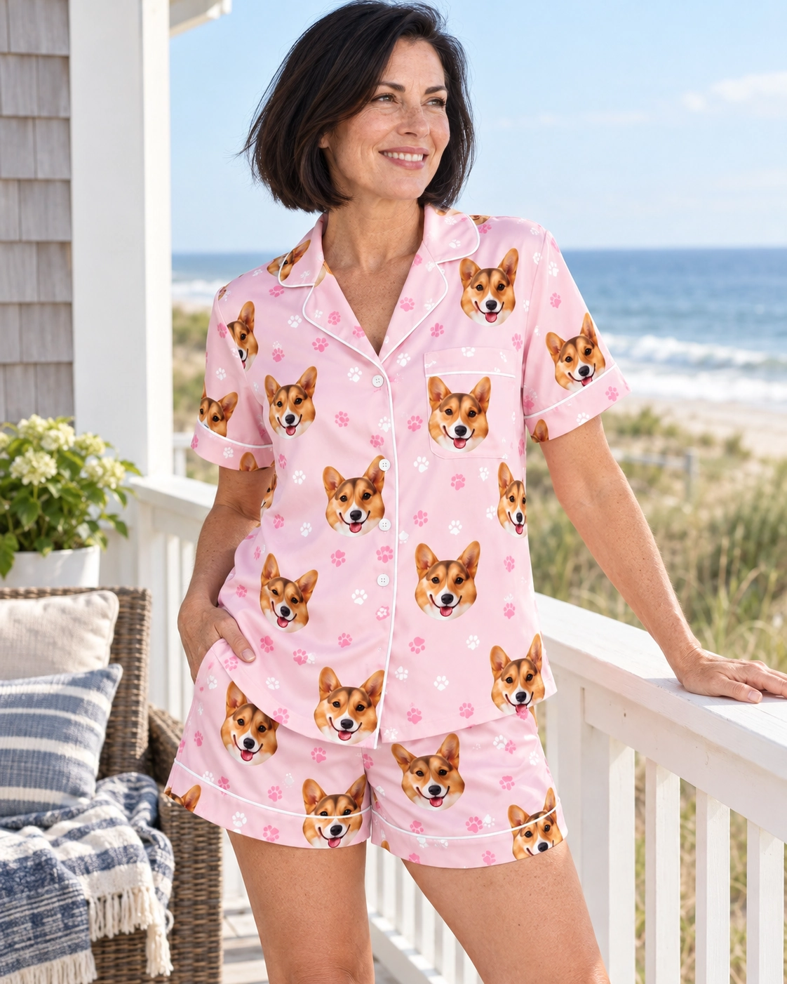 Bridal Party Pajamas – Front View, Blush Pink Paw-Print | MyDogPics Woman wearing bridal party pajamas covered in tan-and-white corgi faces on blush pink paw-print satin — MyDogPics