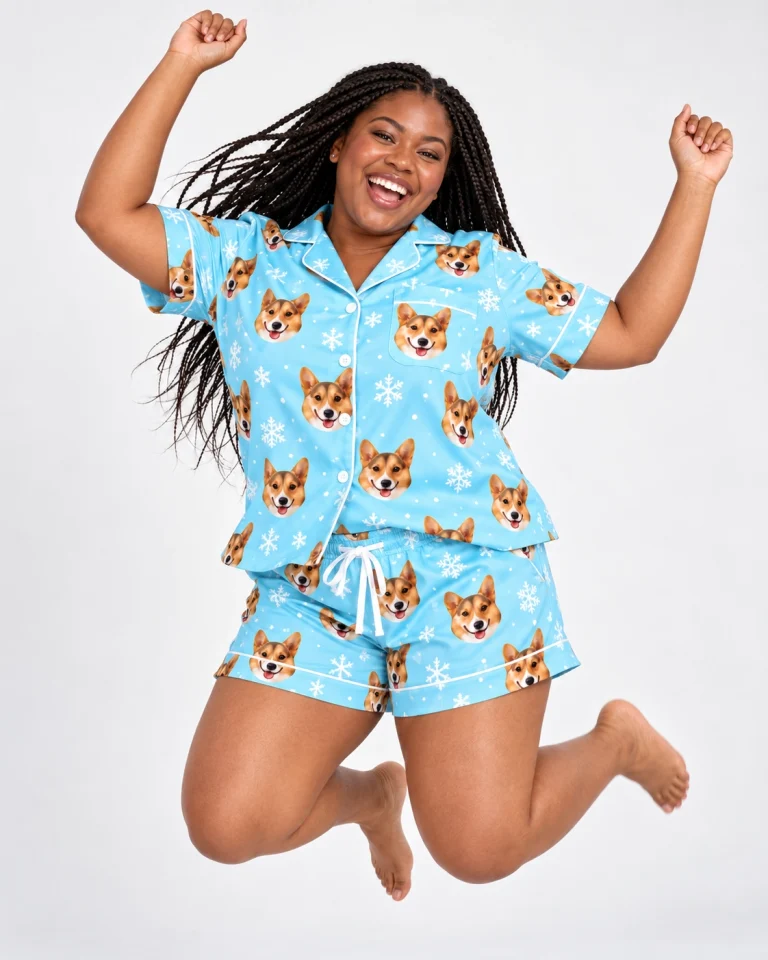Woman posing in bridal party pajamas, tan-and-white corgi faces on light blue snowflake satin — MyDogPics