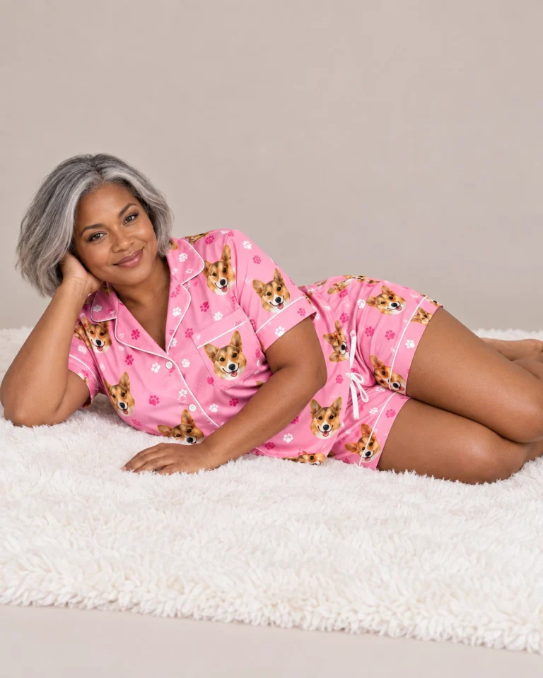 Woman posing in bridal party pajamas, tan-and-white corgi faces on pink paw-print satin — MyDogPics