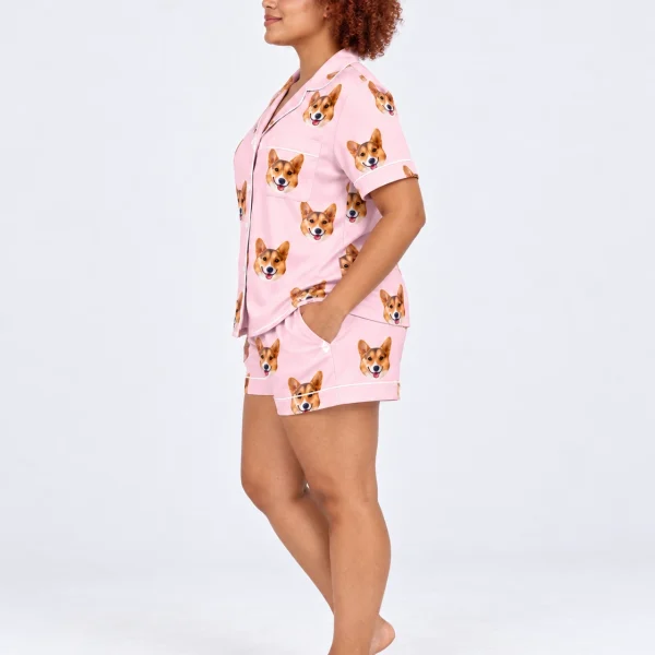 Side view of bridal party pajamas with tan-and-white corgi faces on blush pink satin — MyDogPics