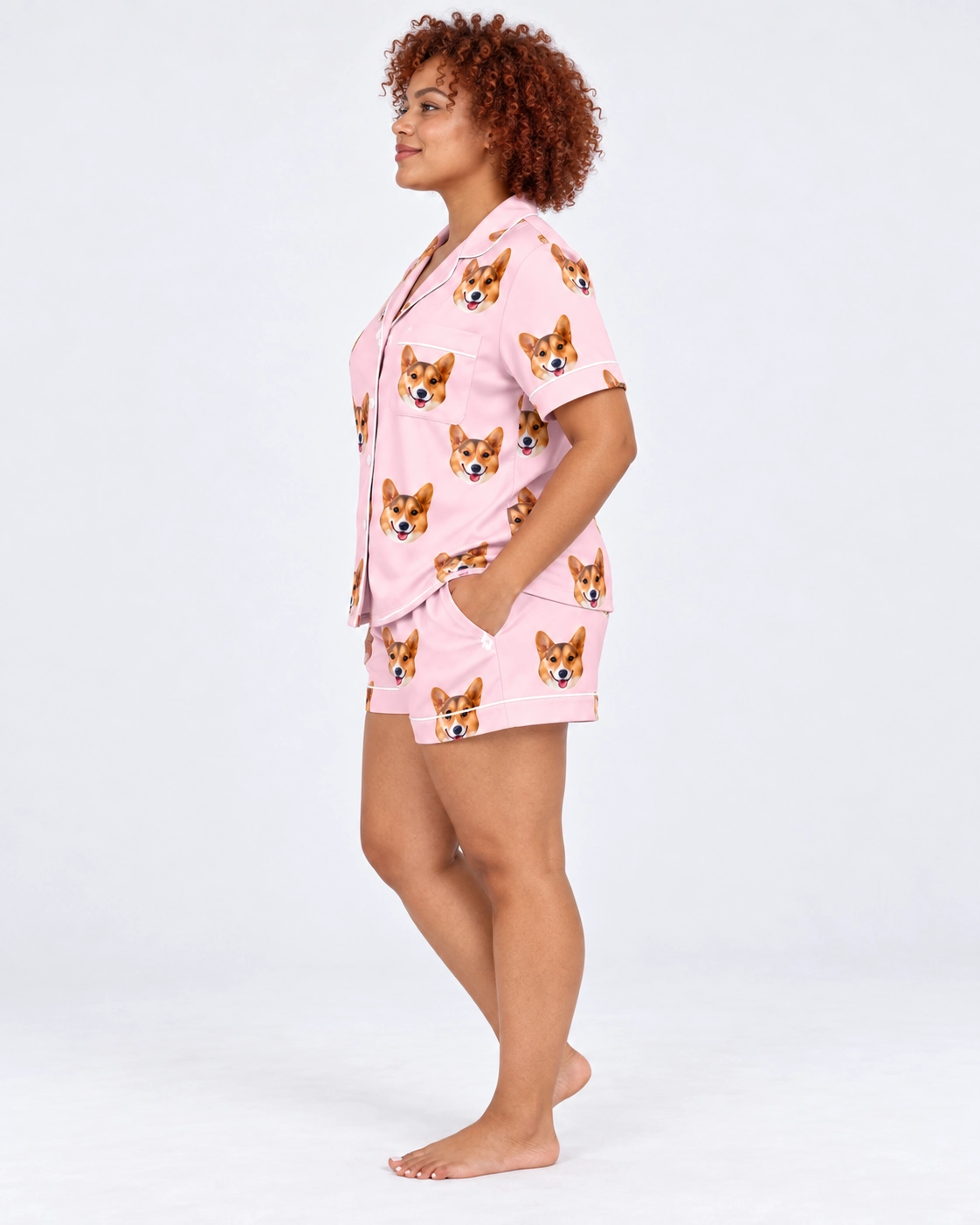 Bridal Party Pajamas – Side View, Blush Pink | MyDogPics Side view of bridal party pajamas with tan-and-white corgi faces on blush pink satin — MyDogPics
