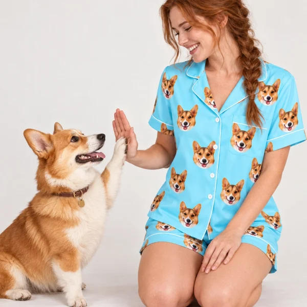 Woman in bridal party pajamas with her corgi — MyDogPics