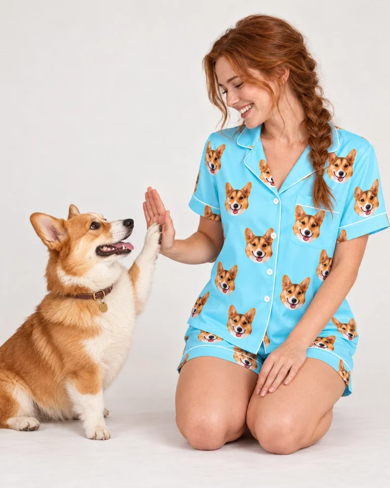 Woman in bridal party pajamas with her corgi — MyDogPics