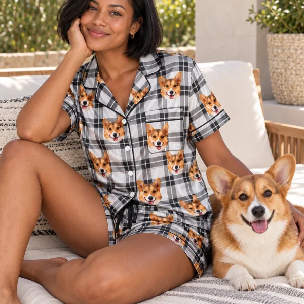 Woman in bridal party pajamas with her corgi — MyDogPics