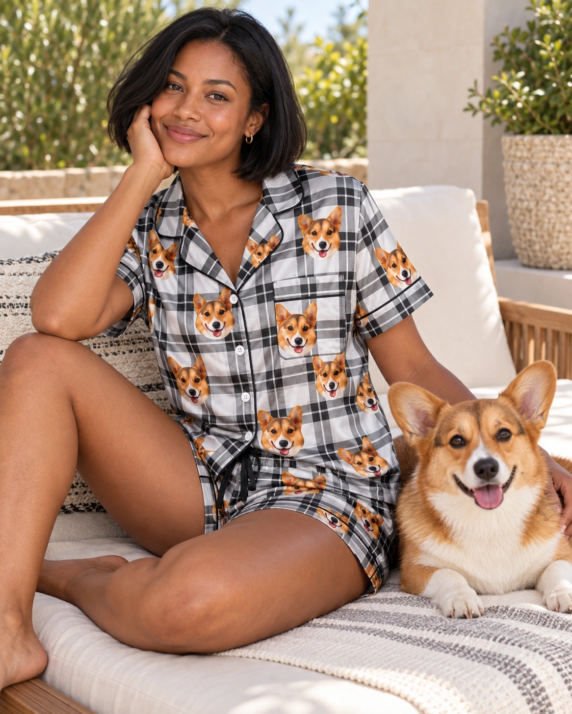 Bridal Party Pajamas – With Dog, White Plaid | MyDogPics Woman in bridal party pajamas with her corgi — MyDogPics