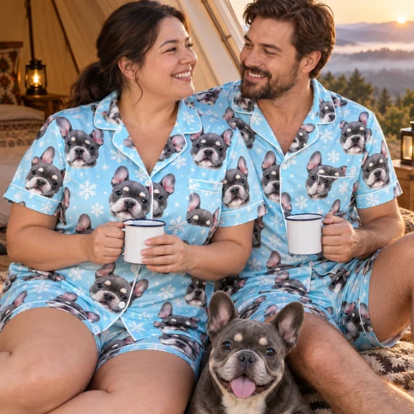 Woman and her partner in matching bridesmaid pajamas with grey French bulldog faces on blue snowflake satin — MyDogPics