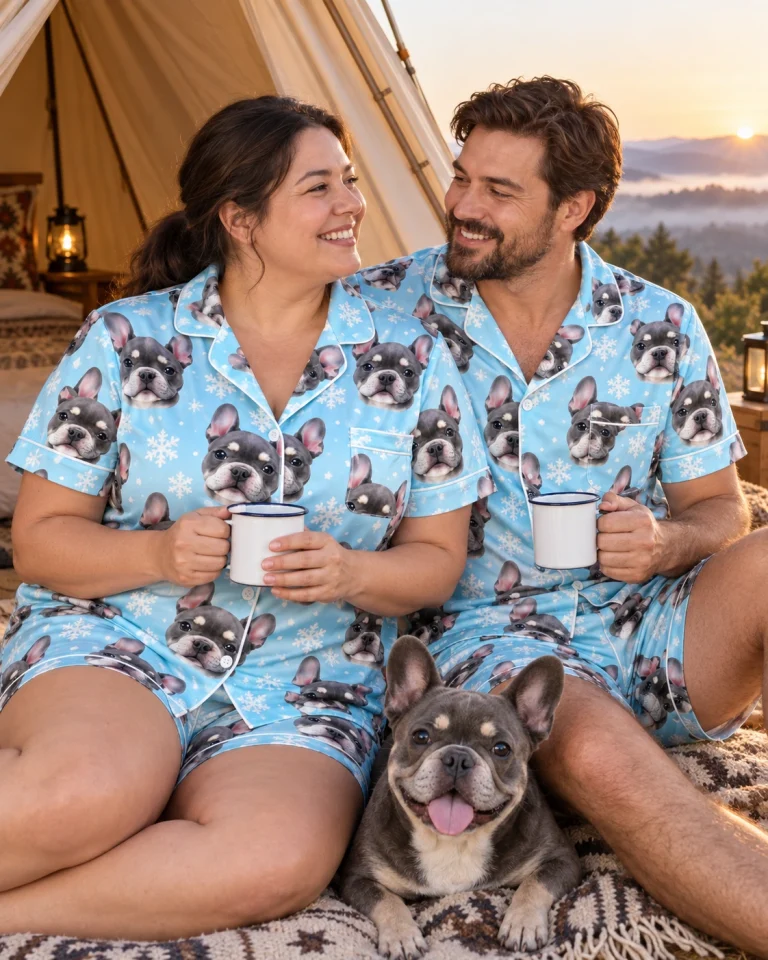 Woman and her partner in matching bridesmaid pajamas with grey French bulldog faces on blue snowflake satin — MyDogPics