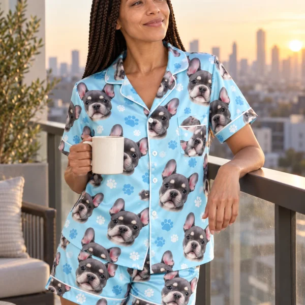 Woman wearing bridesmaid pajamas covered in grey French bulldog faces on light blue paw-print satin — MyDogPics