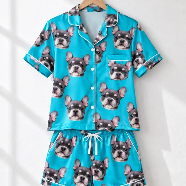 Bridesmaid pajamas shirt and shorts hanging up, covered in grey French bulldog faces — MyDogPics