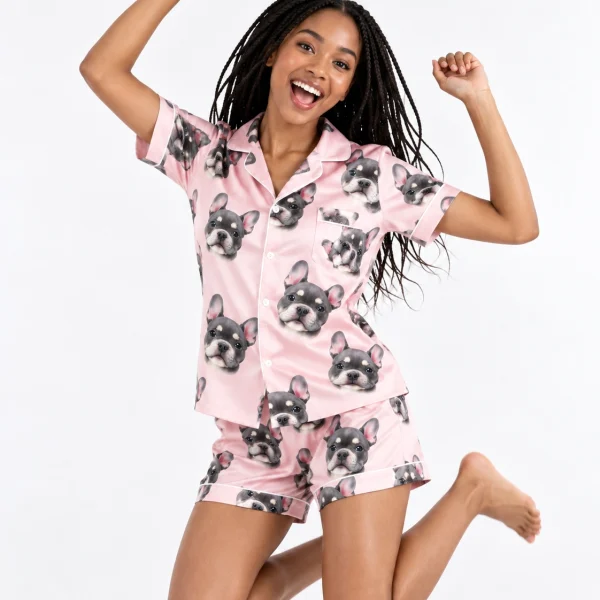 Woman posing in bridesmaid pajamas, grey French bulldog faces on blush pink satin — MyDogPics
