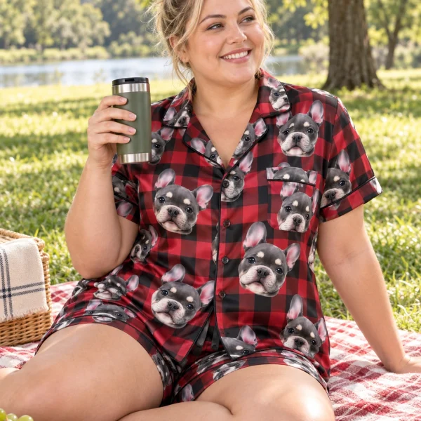 Woman sitting in bridesmaid pajamas covered in grey French bulldog faces — MyDogPics