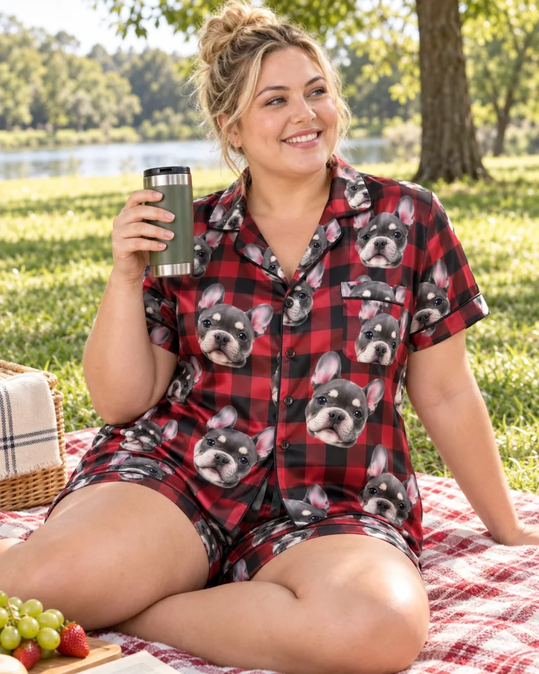Woman sitting in bridesmaid pajamas covered in grey French bulldog faces — MyDogPics