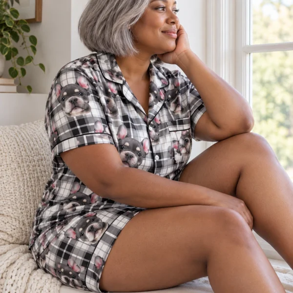 Woman sitting in bridesmaid pajamas covered in grey French bulldog faces — MyDogPics