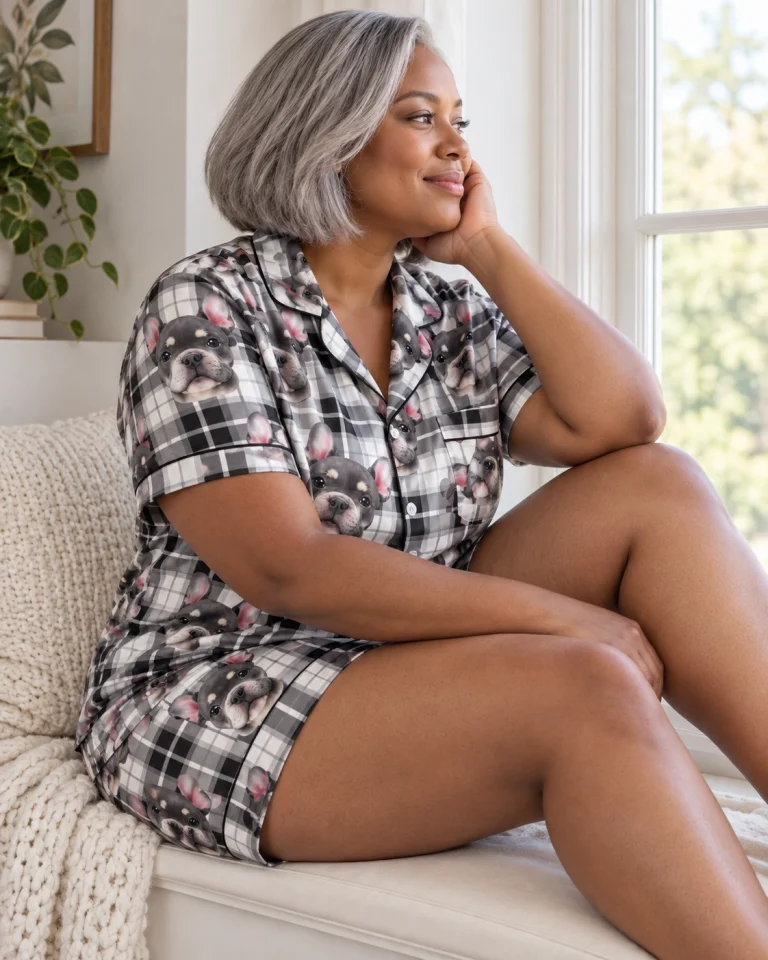 Woman sitting in bridesmaid pajamas covered in grey French bulldog faces — MyDogPics