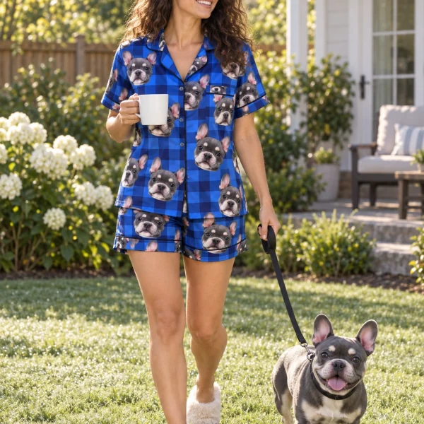 Woman in bridesmaid pajamas with her French bulldog — MyDogPics