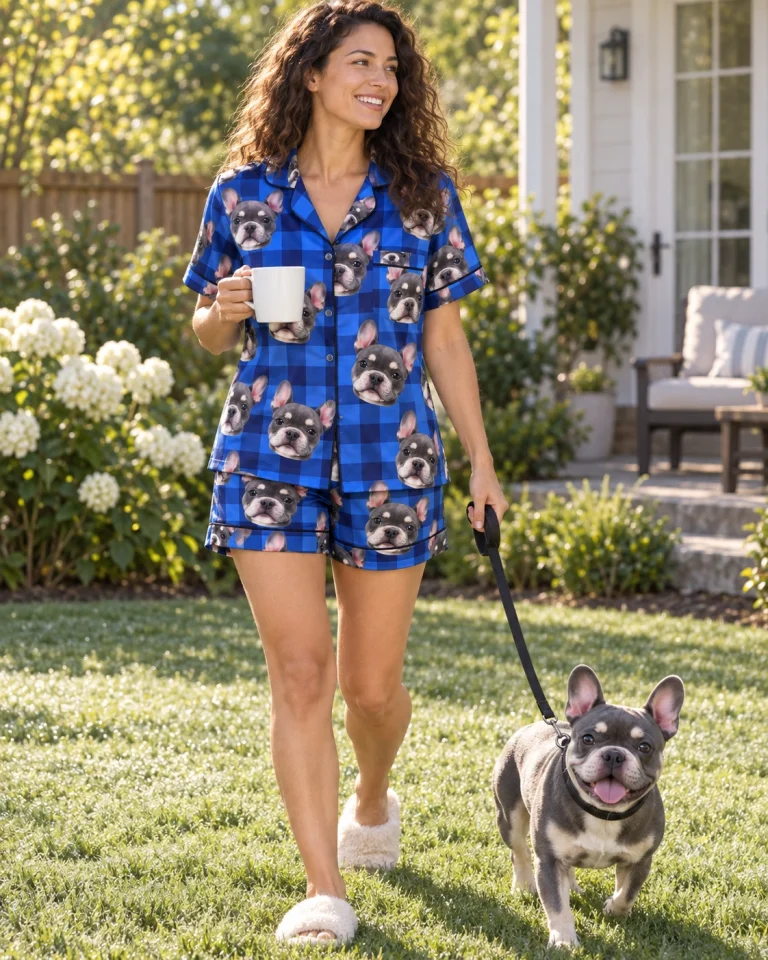 Woman in bridesmaid pajamas with her French bulldog — MyDogPics
