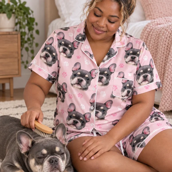 Woman in bridesmaid pajamas with her French bulldog — MyDogPics