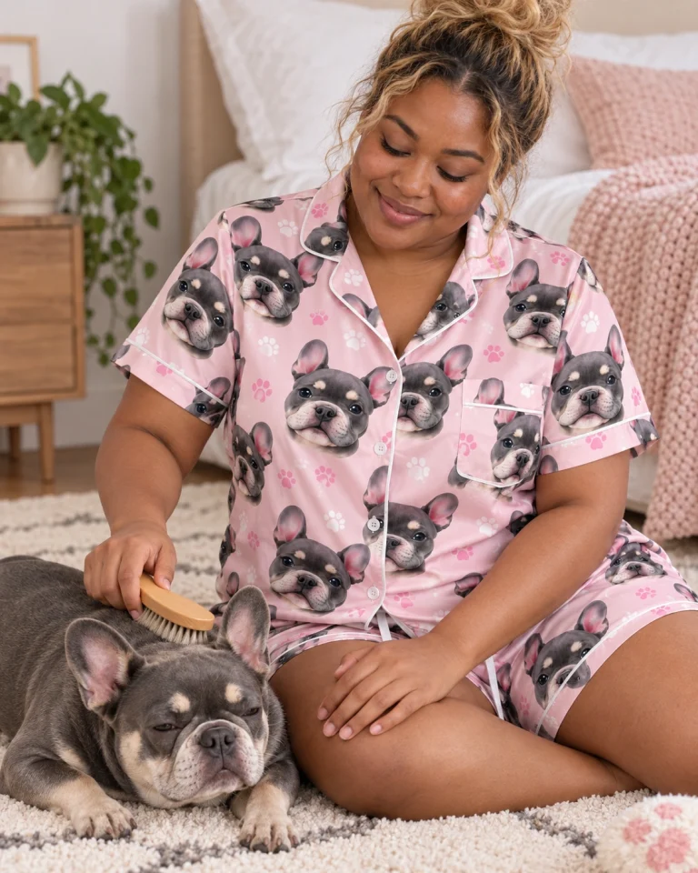 Woman in bridesmaid pajamas with her French bulldog — MyDogPics