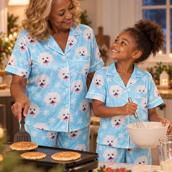 Woman and a child in matching button up pajama set with white Pomeranian faces on light blue snowflake satin — MyDogPics