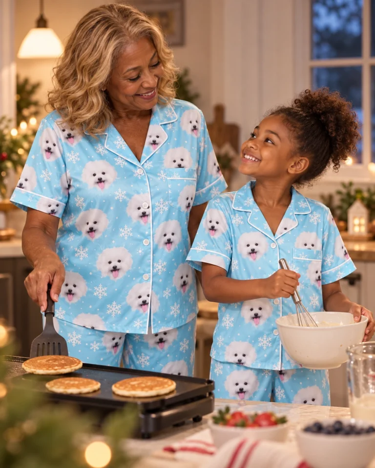 Woman and a child in matching button up pajama set with white Pomeranian faces on light blue snowflake satin — MyDogPics