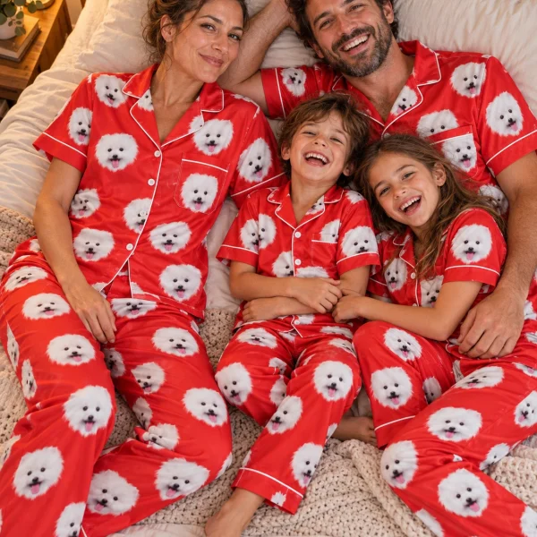 Woman and her family in matching button up pajama set with white Pomeranian faces on red satin — MyDogPics