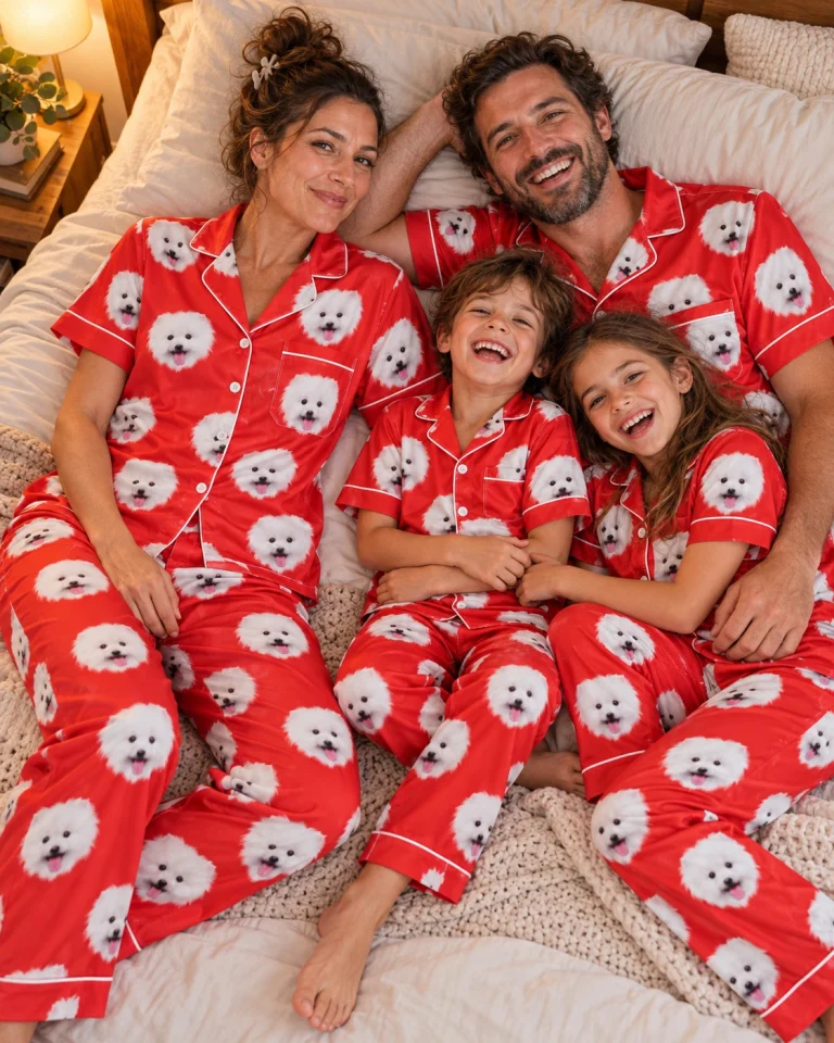 Woman and her family in matching button up pajama set with white Pomeranian faces on red satin — MyDogPics