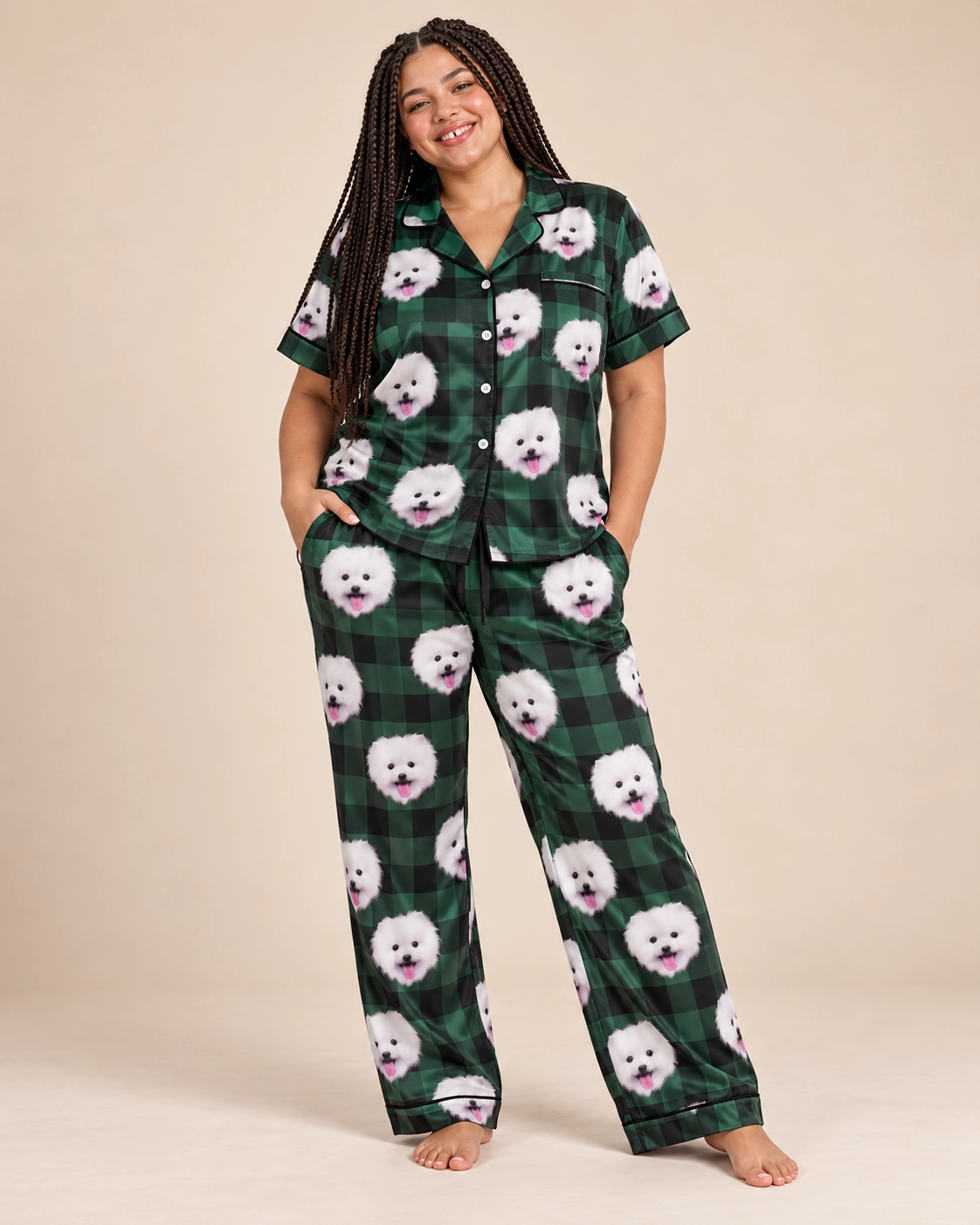 Button Up Pajama Set – Front View, Green Plaid | MyDogPics Woman wearing a button up pajama set covered in white Pomeranian faces on green plaid satin — MyDogPics