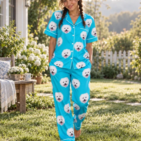 Woman wearing a button up pajama set covered in white Pomeranian faces on teal satin — MyDogPics