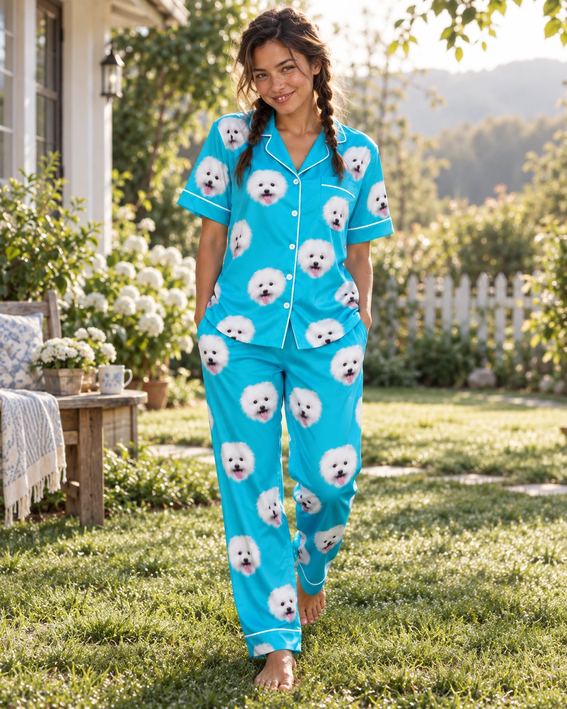 Button Up Pajama Set – Front View, Teal | MyDogPics Woman wearing a button up pajama set covered in white Pomeranian faces on teal satin — MyDogPics