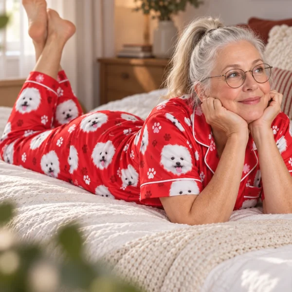 Woman posing in a button up pajama set, white Pomeranian faces on red paw-print satin — MyDogPics